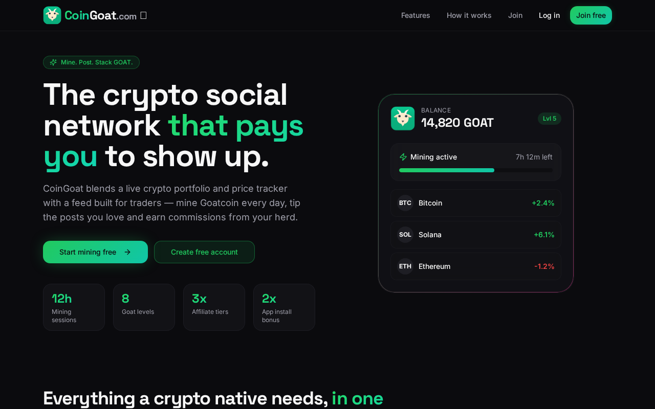 Screenshot of the CoinGoat.com homepage showing the crypto social network, live Goatcoin mining session and portfolio price tracker