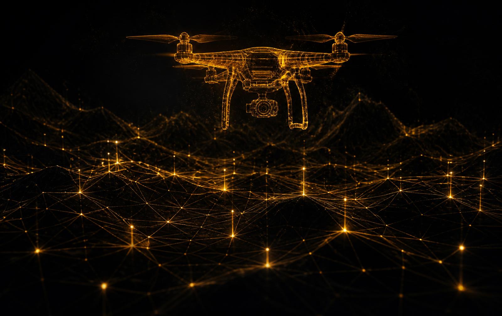 Wireframe drone surveying a network of blockchain nodes